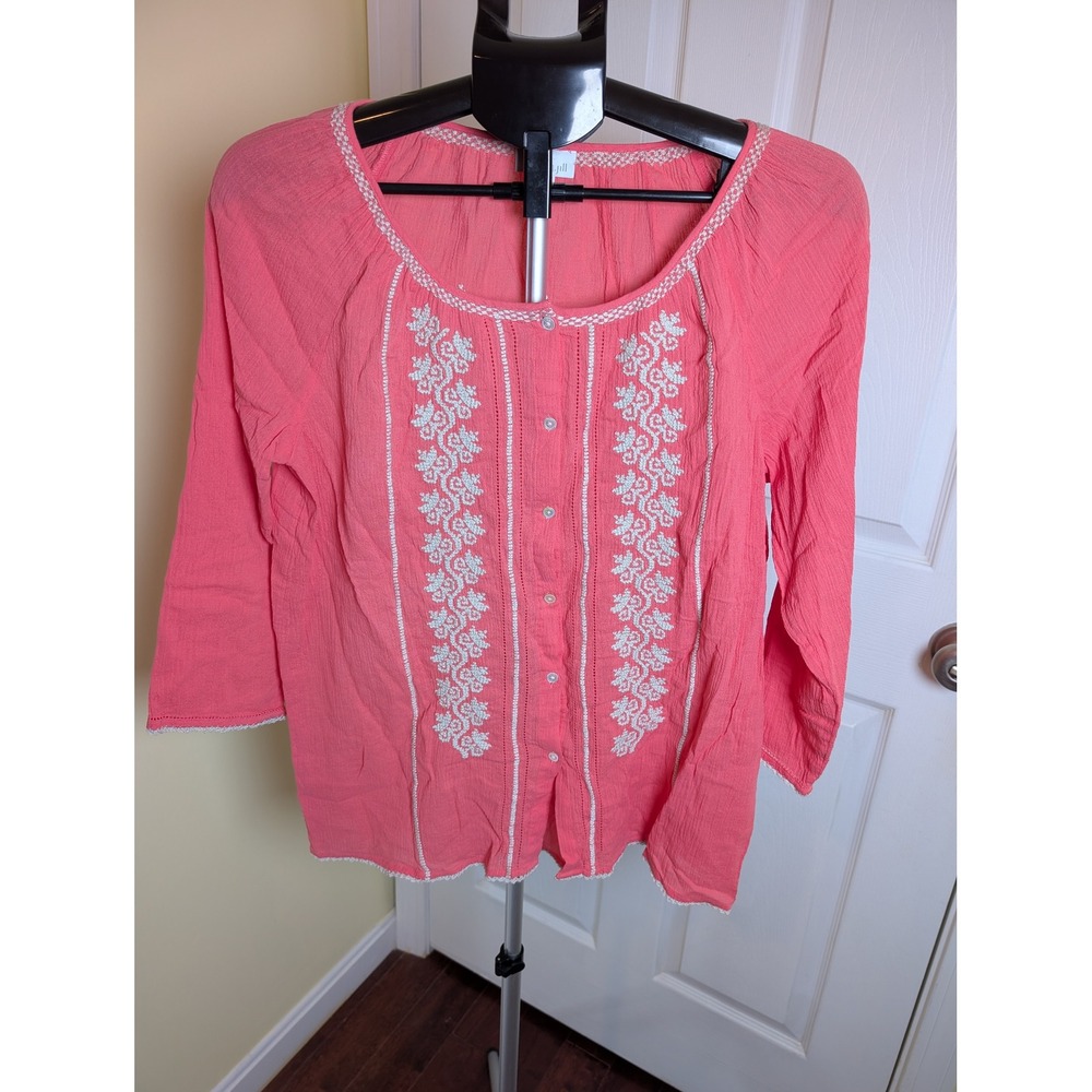 J. Jill Blouse Womens S Coral Pink Embroidered Cotton Gauze 3/4 Sleeve Top